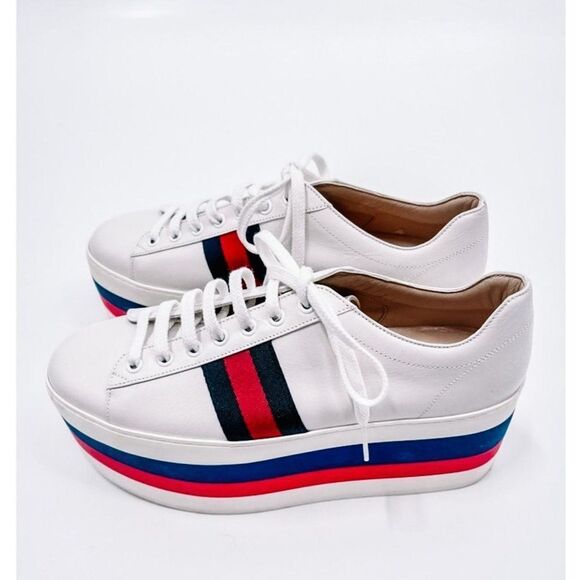 Gucci Peggy Leather Signature Stripe Chunky Platform Sneakers Tennis Shoes 39 - Picture 5 of 12
